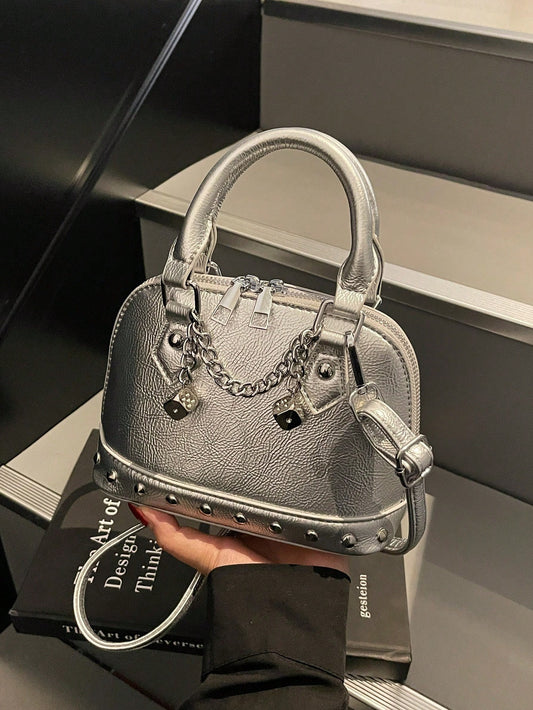 1pc Fashionable Silver PU Rivet Chain Decor Shell Bag Punk Style Mini Hand Bag, Y2K