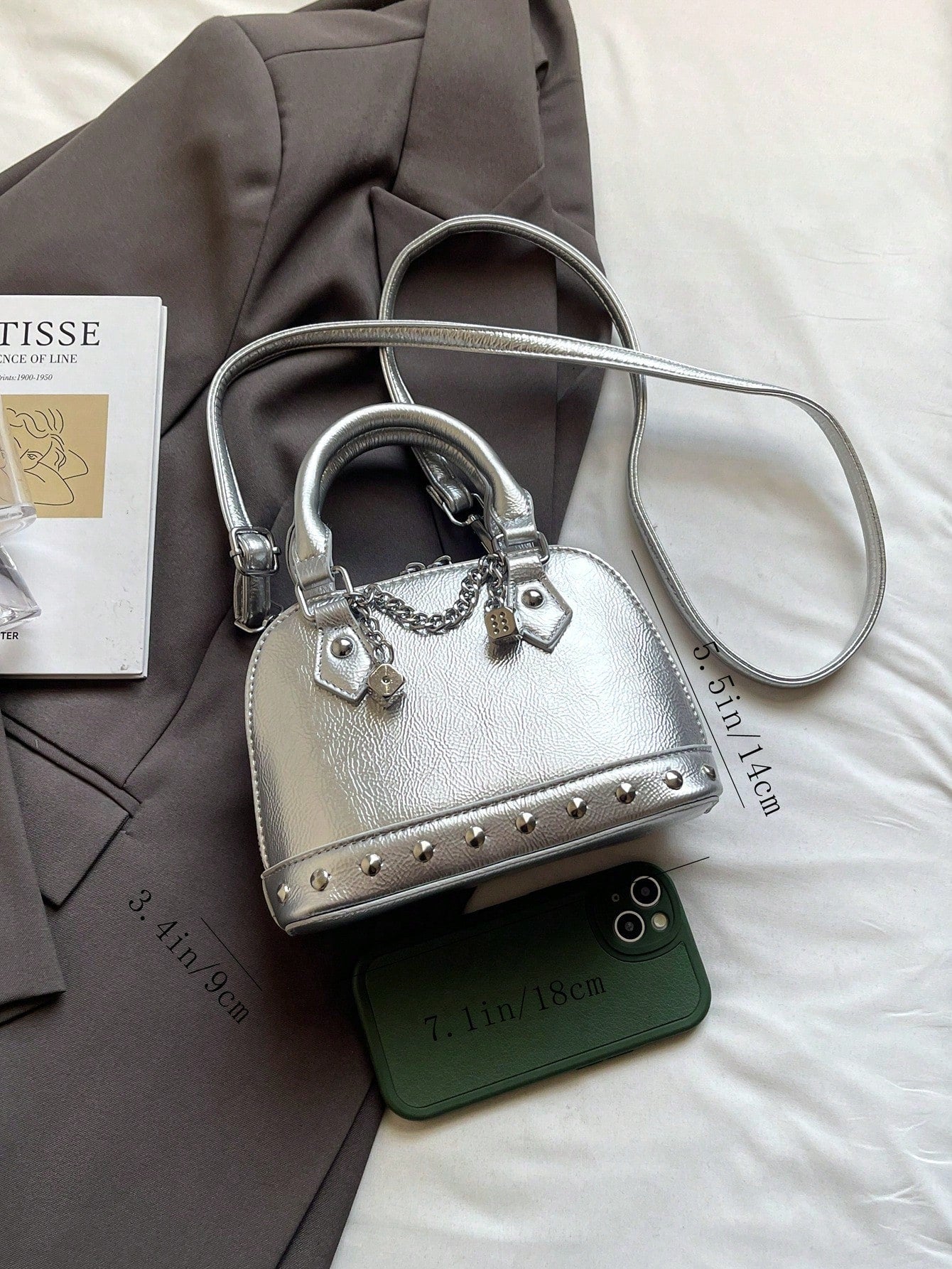1pc Fashionable Silver PU Rivet Chain Decor Shell Bag Punk Style Mini Hand Bag, Y2K