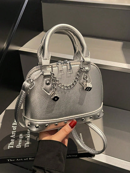 1pc Fashionable Silver PU Rivet Chain Decor Shell Bag Punk Style Mini Hand Bag, Y2K