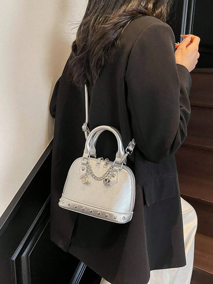 1pc Fashionable Silver PU Rivet Chain Decor Shell Bag Punk Style Mini Hand Bag, Y2K