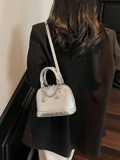 1pc Fashionable Silver PU Rivet Chain Decor Shell Bag Punk Style Mini Hand Bag, Y2K