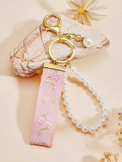 1pc Faux Pearl Keychain, Keyring, Bag Charm, Gift For Women, Sister Gift (Note: The Ribbon Cannot Be Hand-Held, The Pearl Chain Has Elasticity And Can Be Hand-Held), Elegant Bag Charm Keychain For Wom
