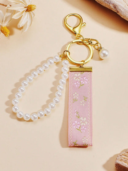1pc Faux Pearl Keychain, Keyring, Bag Charm, Gift For Women, Sister Gift (Note: The Ribbon Cannot Be Hand-Held, The Pearl Chain Has Elasticity And Can Be Hand-Held), Elegant Bag Charm Keychain For Wom