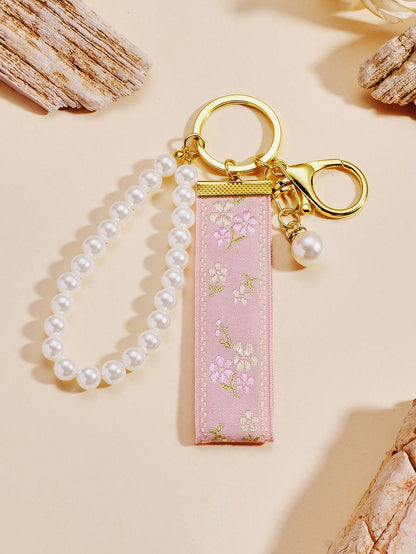 1pc Faux Pearl Keychain, Keyring, Bag Charm, Gift For Women, Sister Gift (Note: The Ribbon Cannot Be Hand-Held, The Pearl Chain Has Elasticity And Can Be Hand-Held), Elegant Bag Charm Keychain For Wom