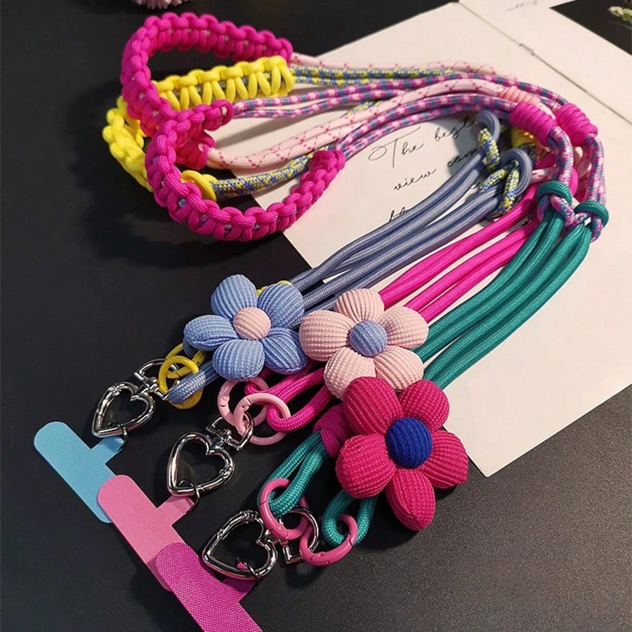 1PC Floral 2-Strand 3-Way Spliced Braided Adjustable Phone Lanyard, Dual-Use Crossbody Strap And Wristlet, Vibrant Color Durable Nylon, Suitable For All Phones, Perfect For Outdoor Activities, Metal B