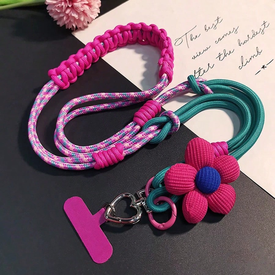 1PC Floral 2-Strand 3-Way Spliced Braided Adjustable Phone Lanyard, Dual-Use Crossbody Strap And Wristlet, Vibrant Color Durable Nylon, Suitable For All Phones, Perfect For Outdoor Activities, Metal B