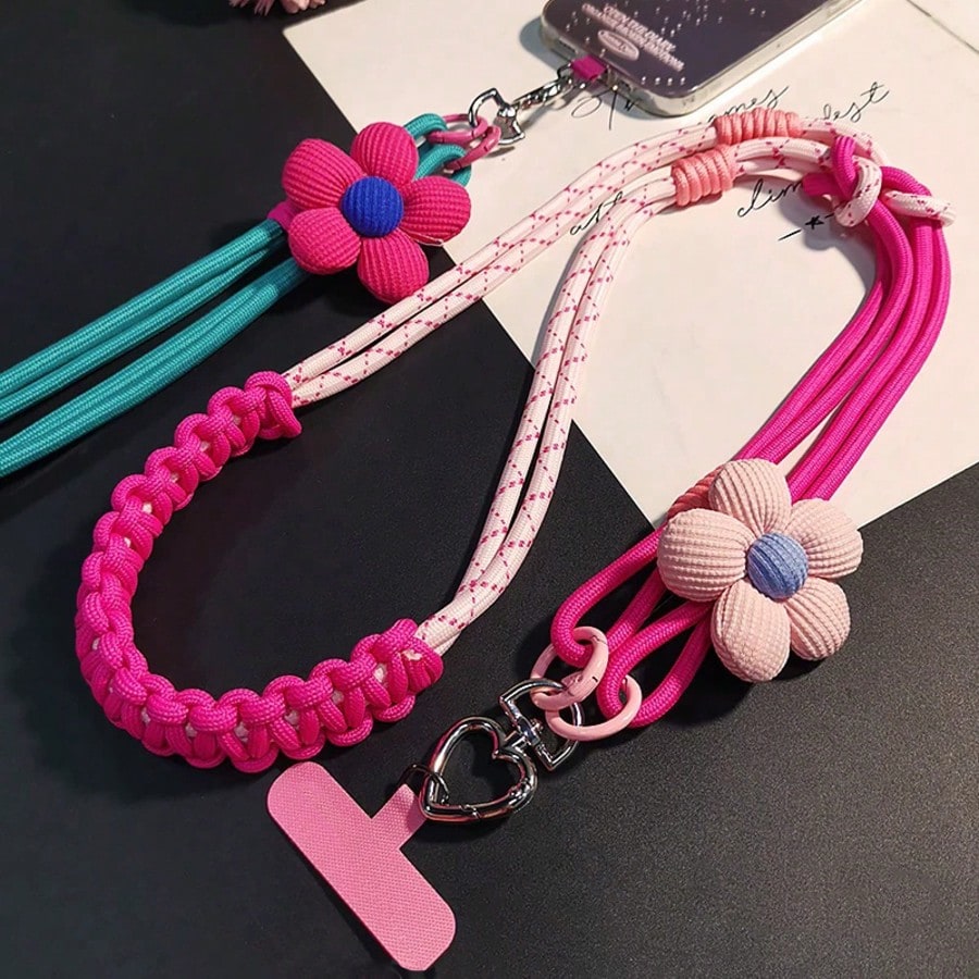 1PC Floral 2-Strand 3-Way Spliced Braided Adjustable Phone Lanyard, Dual-Use Crossbody Strap And Wristlet, Vibrant Color Durable Nylon, Suitable For All Phones, Perfect For Outdoor Activities, Metal B