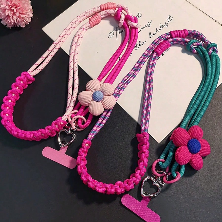 1PC Floral 2-Strand 3-Way Spliced Braided Adjustable Phone Lanyard, Dual-Use Crossbody Strap And Wristlet, Vibrant Color Durable Nylon, Suitable For All Phones, Perfect For Outdoor Activities, Metal B