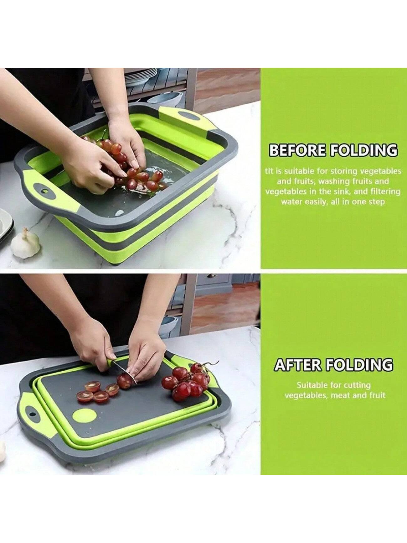 1pc Foldable Cutting Board Set- Collapsible Dishwasher-Safe Prep Bowl, Built-In Fruit/Vegetable Strainer & Non-Slip Base- 8.5QT Kitchen Sink Organizer With Knife- Space-Saving For RVs, Apartments