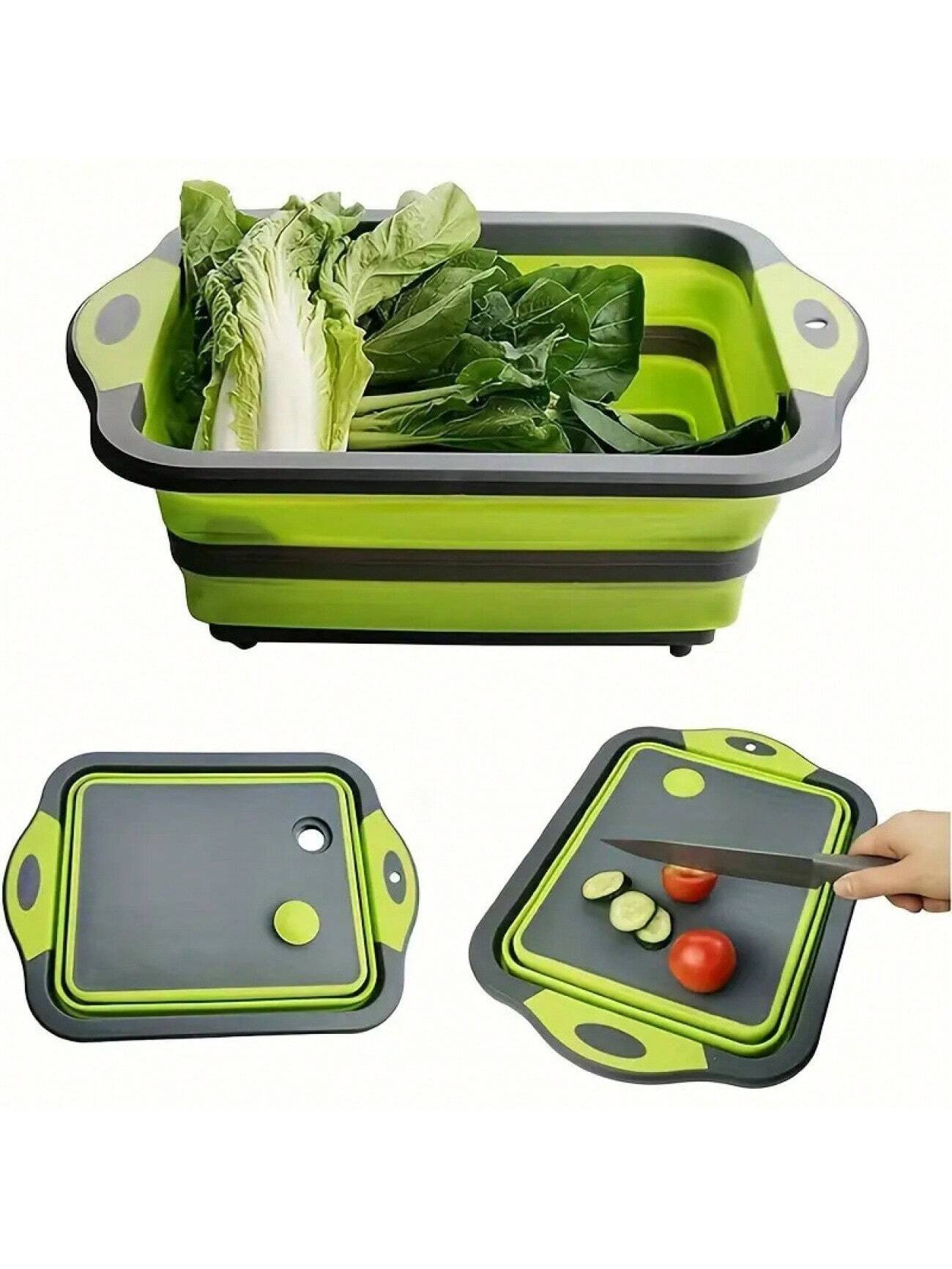 1pc Foldable Cutting Board Set- Collapsible Dishwasher-Safe Prep Bowl, Built-In Fruit/Vegetable Strainer & Non-Slip Base- 8.5QT Kitchen Sink Organizer With Knife- Space-Saving For RVs, Apartments