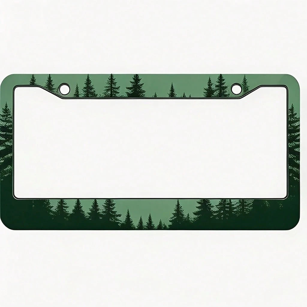 1PC, Forest Green Gradient Pine Tree Silhouettes, 2D Flat Metal License Plate Frame, 16x31cm(6.3x12.2inch), Eye-Catching Car Exterior Decor, Durable Auto Accessory Fit For Most Sedans, SUVs & Pickup T
