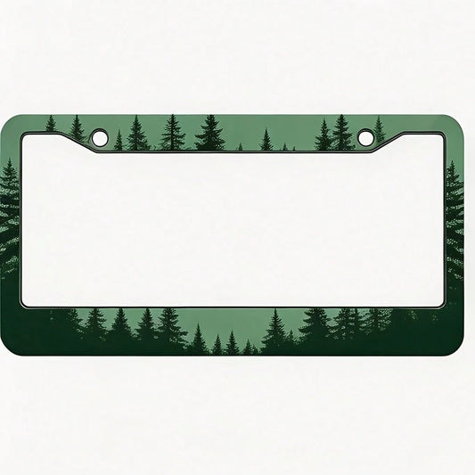 1PC, Forest Green Gradient Pine Tree Silhouettes, 2D Flat Metal License Plate Frame, 16x31cm(6.3x12.2inch), Eye-Catching Car Exterior Decor, Durable Auto Accessory Fit For Most Sedans, SUVs & Pickup T