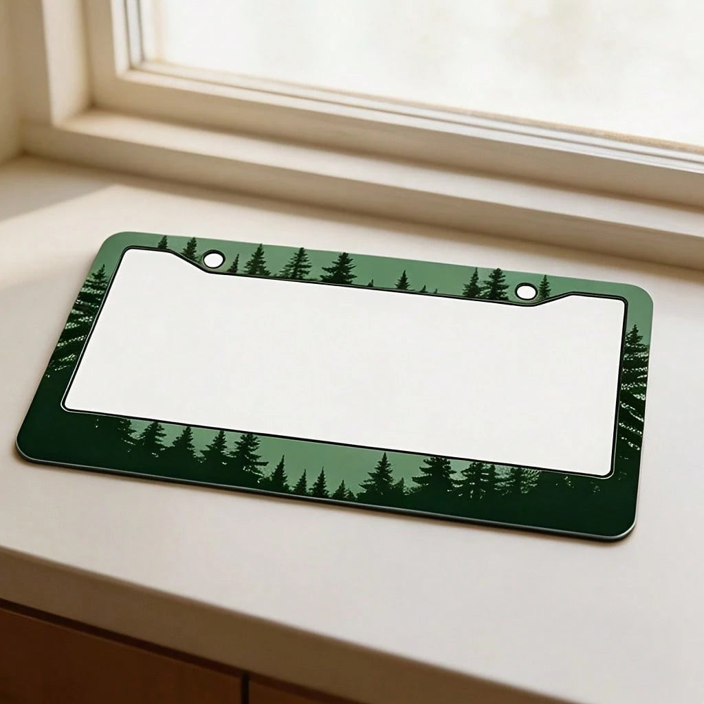 1PC, Forest Green Gradient Pine Tree Silhouettes, 2D Flat Metal License Plate Frame, 16x31cm(6.3x12.2inch), Eye-Catching Car Exterior Decor, Durable Auto Accessory Fit For Most Sedans, SUVs & Pickup T