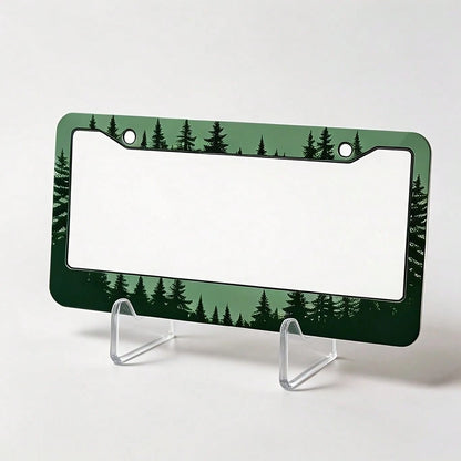 1PC, Forest Green Gradient Pine Tree Silhouettes, 2D Flat Metal License Plate Frame, 16x31cm(6.3x12.2inch), Eye-Catching Car Exterior Decor, Durable Auto Accessory Fit For Most Sedans, SUVs & Pickup T