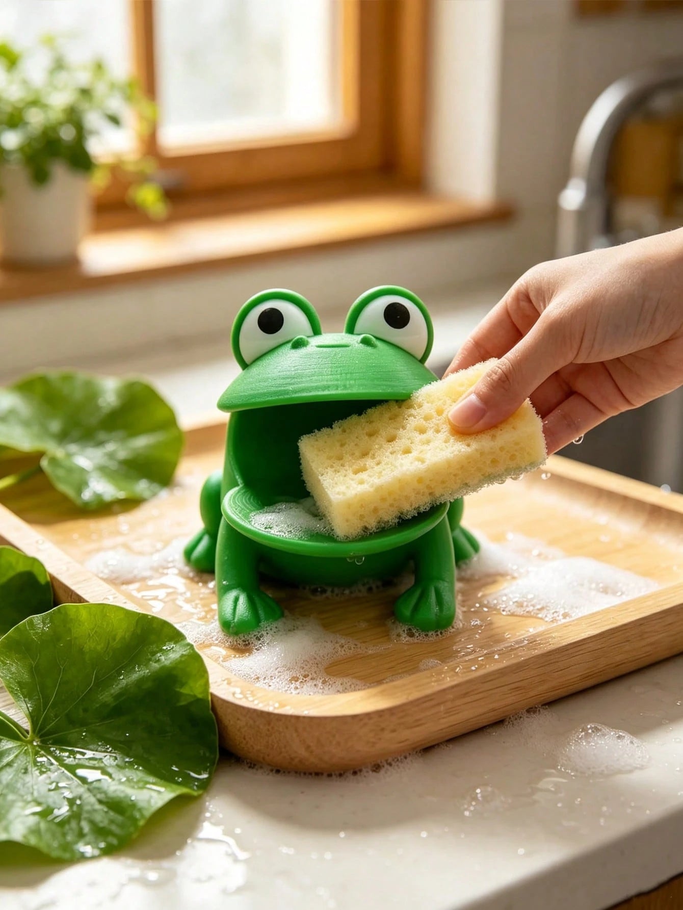 1pc Frog-Shaped Dish Brush Holder, Sponge Drain Rack, Cloth Storage Rack, Plastic Material, With Drainage System, Suitable For Kitchen Countertop, Bathroom And Storage Of Sponges, Cloths, Brushes, Ess