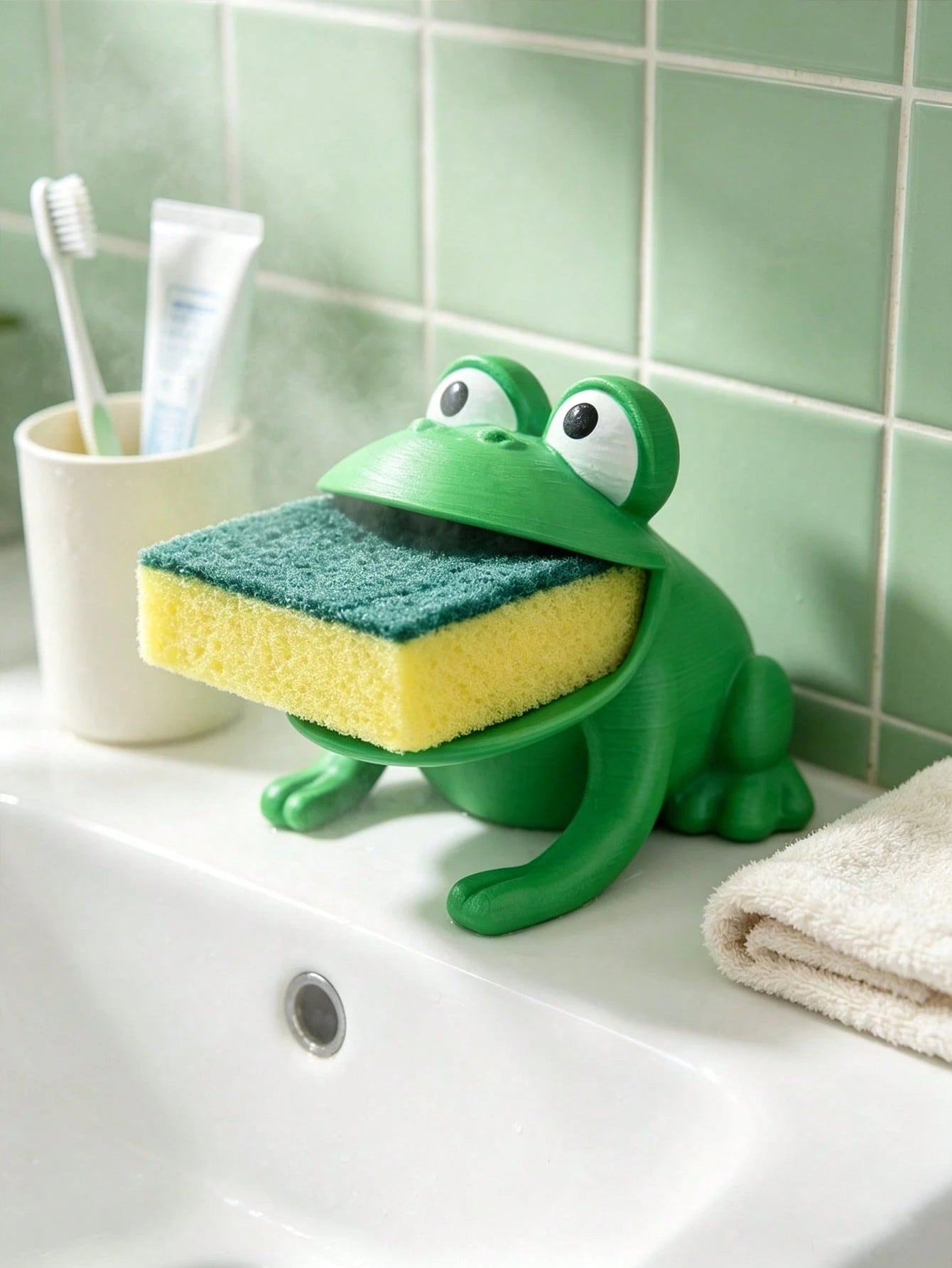 1pc Frog-Shaped Dish Brush Holder, Sponge Drain Rack, Cloth Storage Rack, Plastic Material, With Drainage System, Suitable For Kitchen Countertop, Bathroom And Storage Of Sponges, Cloths, Brushes, Ess