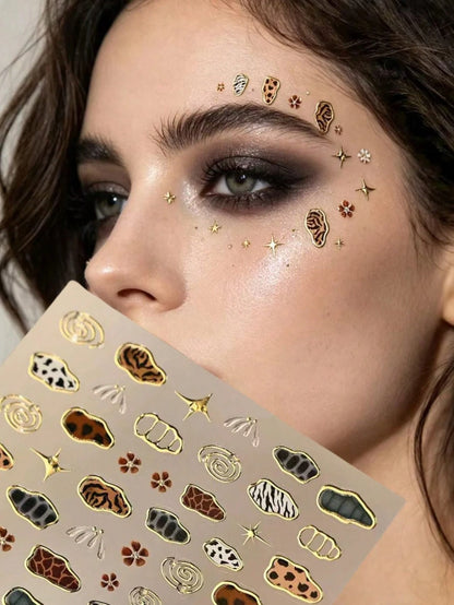 1pc Gilded Edge Multi-Style Animal Texture Face Stickers, Spiral Line Silver Glitter Four-Pointed Star, American Vintage Hot Girl Photography Cold Tone Smoky Highlight Makeup Stickers, Self-Adhesive