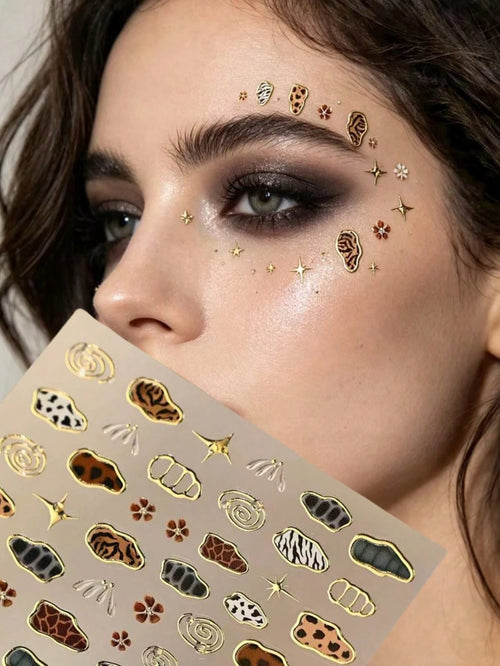 1pc Gilded Edge Multi-Style Animal Texture Face Stickers, Spiral Line Silver Glitter Four-Pointed Star, American Vintage Hot Girl Photography Cold Tone Smoky Highlight Makeup Stickers, Self-Adhesive
