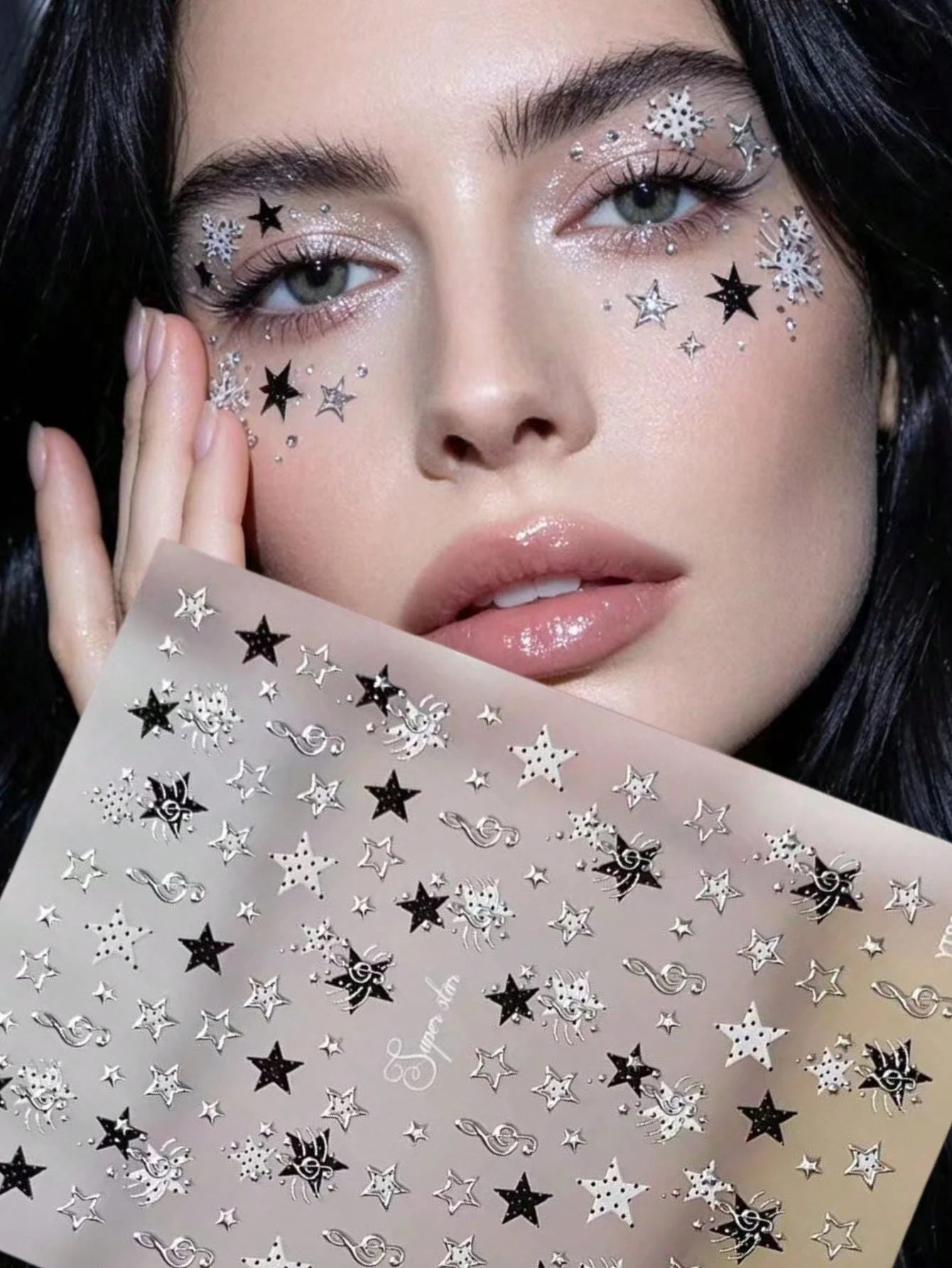 1pc Gilded Edge Multi-Style Animal Texture Face Stickers, Spiral Line Silver Glitter Four-Pointed Star, American Vintage Hot Girl Photography Cold Tone Smoky Highlight Makeup Stickers, Self-Adhesive