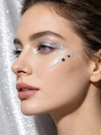 1pc Gilded Edge Multi-Style Animal Texture Face Stickers, Spiral Line Silver Glitter Four-Pointed Star, American Vintage Hot Girl Photography Cold Tone Smoky Highlight Makeup Stickers, Self-Adhesive