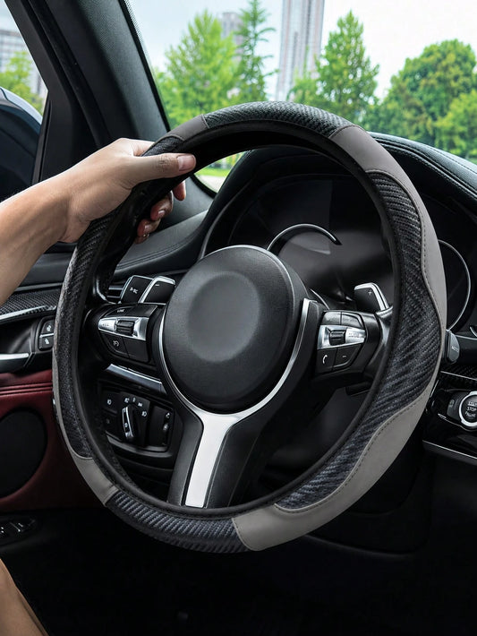 1pc Grey Carbon Fiber Leather Comfortable Car Steering Wheel Cover Without Inner Ring, Car Decor Suitable For 14.5-15 Inch Steering Wheel, Car Interior Accessory, Unisex, All Season