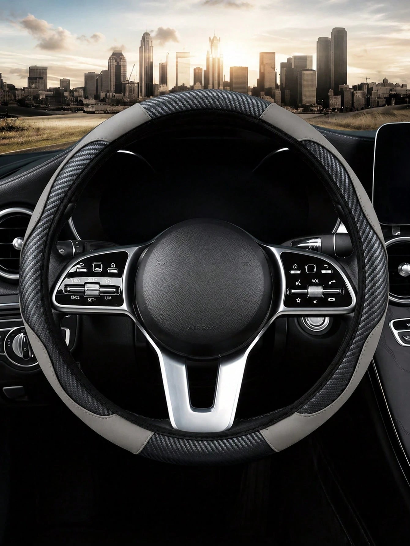 1pc Grey Carbon Fiber Leather Comfortable Car Steering Wheel Cover Without Inner Ring, Car Decor Suitable For 14.5-15 Inch Steering Wheel, Car Interior Accessory, Unisex, All Season