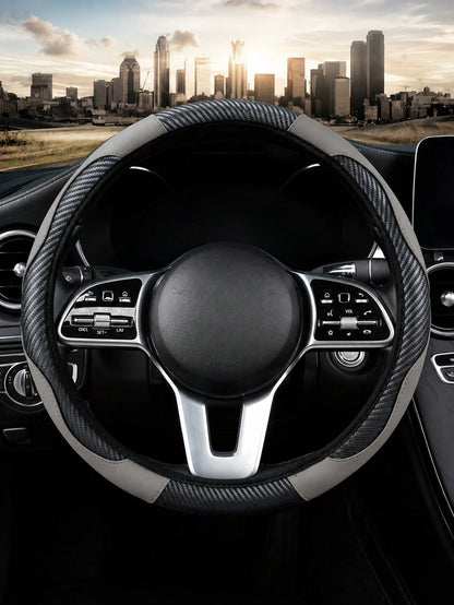 1pc Grey Carbon Fiber Leather Comfortable Car Steering Wheel Cover Without Inner Ring, Car Decor Suitable For 14.5-15 Inch Steering Wheel, Car Interior Accessory, Unisex, All Season