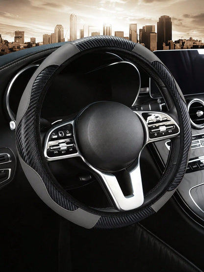 1pc Grey Carbon Fiber Leather Comfortable Car Steering Wheel Cover Without Inner Ring, Car Decor Suitable For 14.5-15 Inch Steering Wheel, Car Interior Accessory, Unisex, All Season