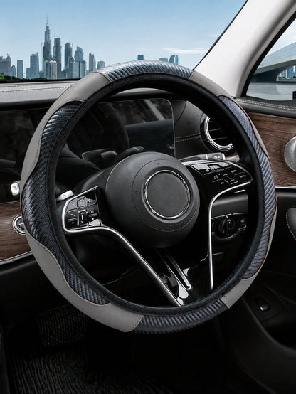1pc Grey Carbon Fiber Leather Comfortable Car Steering Wheel Cover Without Inner Ring, Car Decor Suitable For 14.5-15 Inch Steering Wheel, Car Interior Accessory, Unisex, All Season
