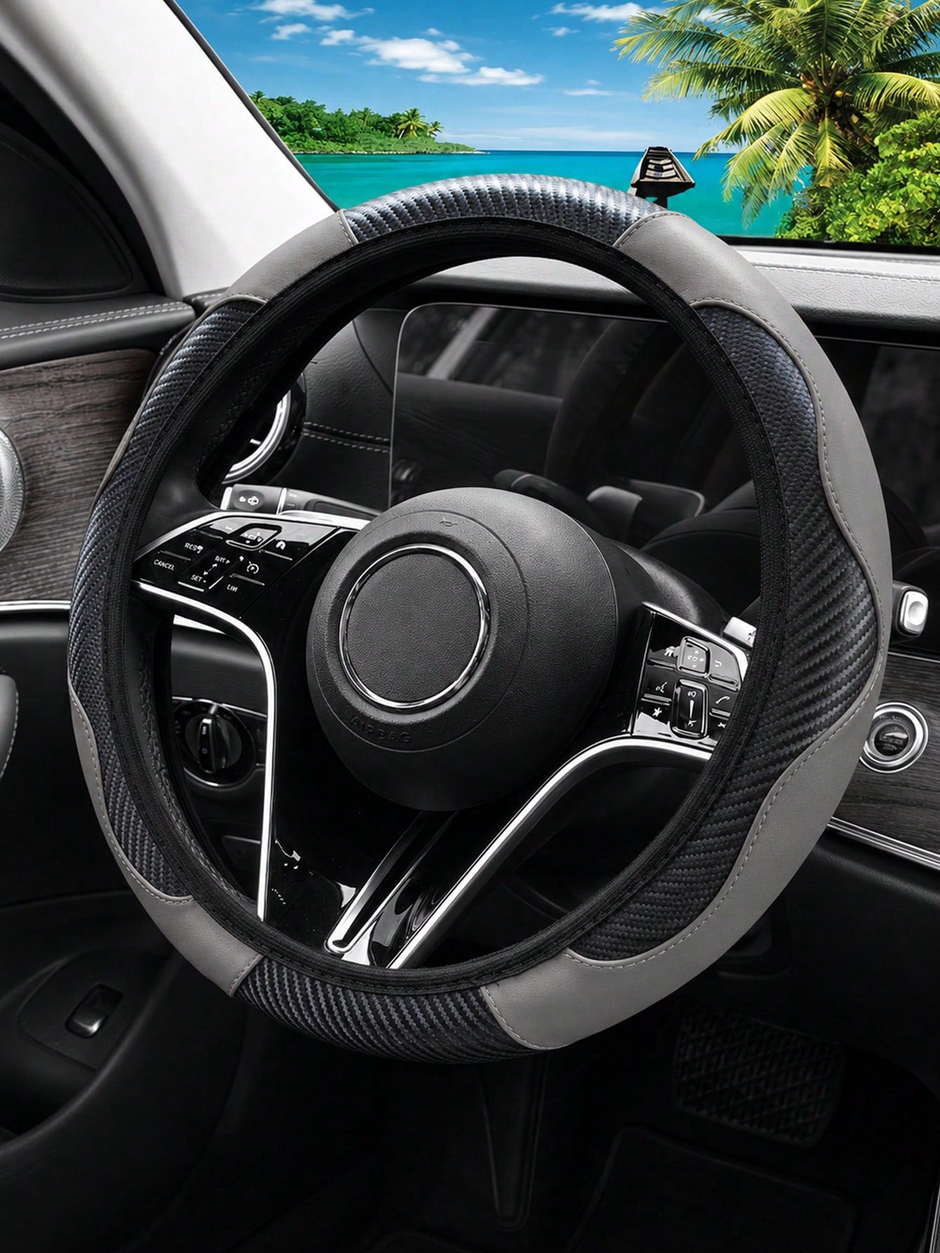 1pc Grey Carbon Fiber Leather Comfortable Car Steering Wheel Cover Without Inner Ring, Car Decor Suitable For 14.5-15 Inch Steering Wheel, Car Interior Accessory, Unisex, All Season