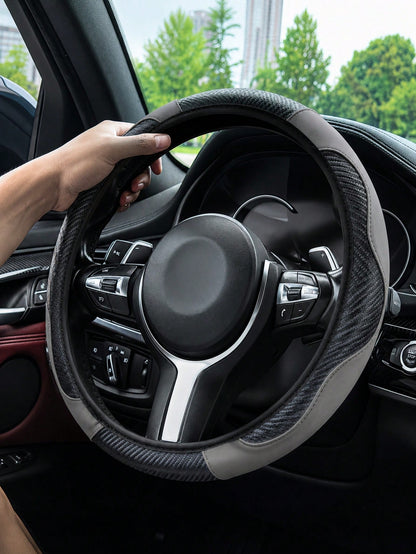 1pc Grey Carbon Fiber Leather Comfortable Car Steering Wheel Cover Without Inner Ring, Car Decor Suitable For 14.5-15 Inch Steering Wheel, Car Interior Accessory, Unisex, All Season