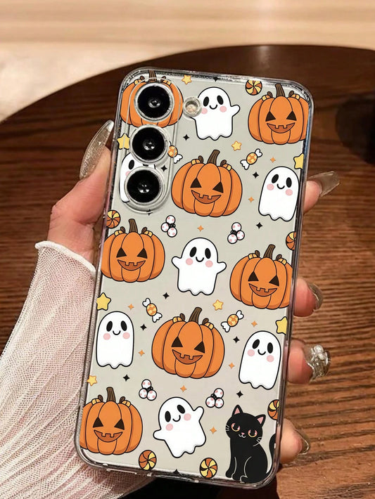 1pc Halloween Pumpkin Lantern Ghost Black Cat Transparent Soft Phone Case Protective Cover Compatible With Huawei Honor, Galaxy A04e/12/A13/A14/A34/A50/A52/A53/A54/S21/S22/S23/S24/S25/S25Ultra/S25FE/S
