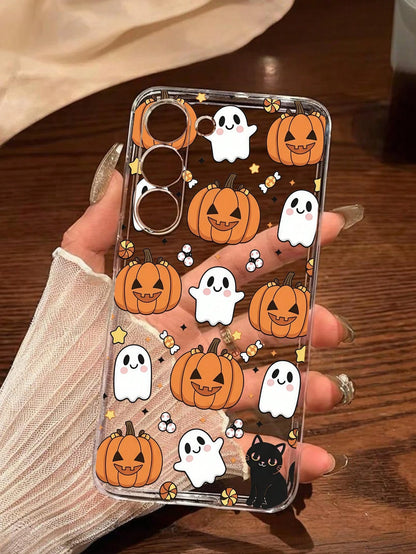1pc Halloween Pumpkin Lantern Ghost Black Cat Transparent Soft Phone Case Protective Cover Compatible With Huawei Honor, Galaxy A04e/12/A13/A14/A34/A50/A52/A53/A54/S21/S22/S23/S24/S25/S25Ultra/S25FE/S
