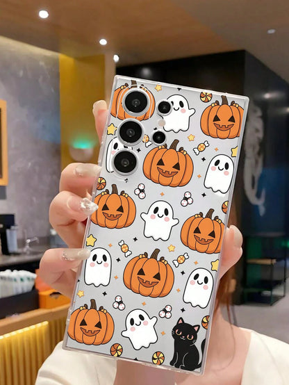 1pc Halloween Pumpkin Lantern Ghost Black Cat Transparent Soft Phone Case Protective Cover Compatible With Huawei Honor, Galaxy A04e/12/A13/A14/A34/A50/A52/A53/A54/S21/S22/S23/S24/S25/S25Ultra/S25FE/S