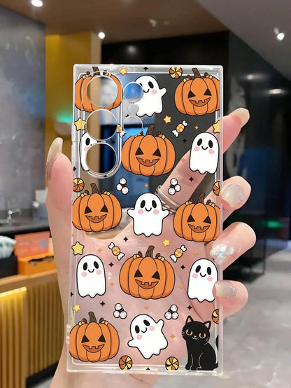 1pc Halloween Pumpkin Lantern Ghost Black Cat Transparent Soft Phone Case Protective Cover Compatible With Huawei Honor, Galaxy A04e/12/A13/A14/A34/A50/A52/A53/A54/S21/S22/S23/S24/S25/S25Ultra/S25FE/S