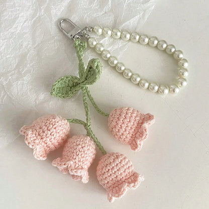 1pc Handmade Crochet Lily Of The Valley Keychain With Pearl Chain, Bohemian Style Bag Charm/Pendant, Unique Birthday Gift Or Party Favor, Length 22cm (8.66 Inches), Soft Floral Design, Crocheted Flowe