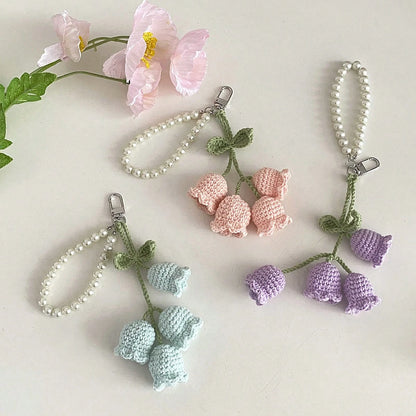 1pc Handmade Crochet Lily Of The Valley Keychain With Pearl Chain, Bohemian Style Bag Charm/Pendant, Unique Birthday Gift Or Party Favor, Length 22cm (8.66 Inches), Soft Floral Design, Crocheted Flowe