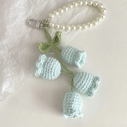 1pc Handmade Crochet Lily Of The Valley Keychain With Pearl Chain, Bohemian Style Bag Charm/Pendant, Unique Birthday Gift Or Party Favor, Length 22cm (8.66 Inches), Soft Floral Design, Crocheted Flowe