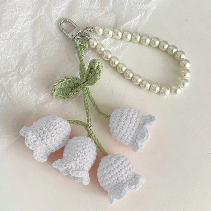 1pc Handmade Crochet Lily Of The Valley Keychain With Pearl Chain, Bohemian Style Bag Charm/Pendant, Unique Birthday Gift Or Party Favor, Length 22cm (8.66 Inches), Soft Floral Design, Crocheted Flowe