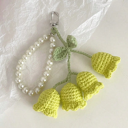 1pc Handmade Crochet Lily Of The Valley Keychain With Pearl Chain, Bohemian Style Bag Charm/Pendant, Unique Birthday Gift Or Party Favor, Length 22cm (8.66 Inches), Soft Floral Design, Crocheted Flowe