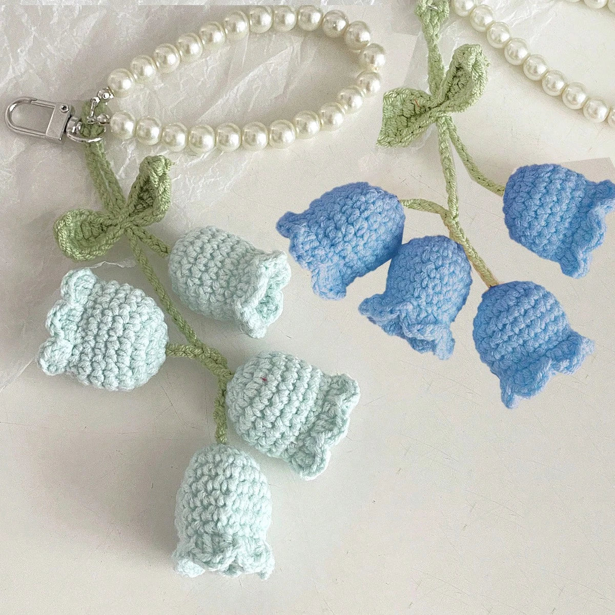 1pc Handmade Crochet Lily Of The Valley Keychain With Pearl Chain, Bohemian Style Bag Charm/Pendant, Unique Birthday Gift Or Party Favor, Length 22cm (8.66 Inches), Soft Floral Design, Crocheted Flowe