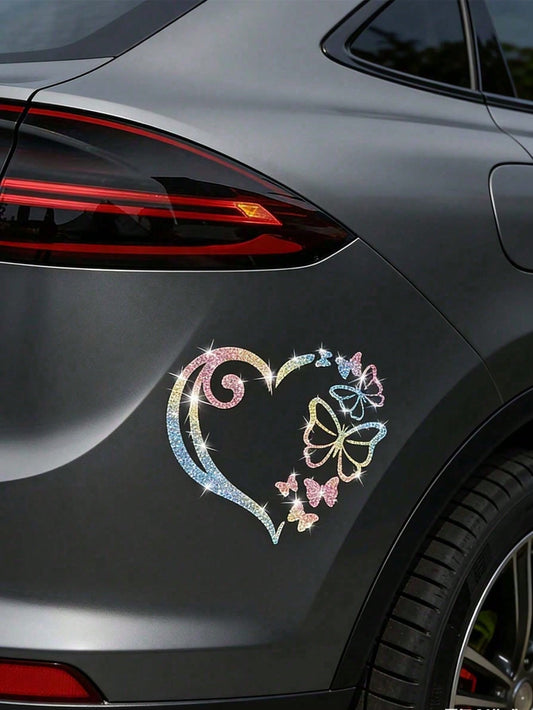 1pc Heart-Shaped Butterfly Car Sticker, Shiny Butterfly Heart-Shaped Window Glass Decoration Sticker, Rear And Body Decoration Sticker, Cartoon Sticker Suitable For Laptop, Motorcycle Sticker