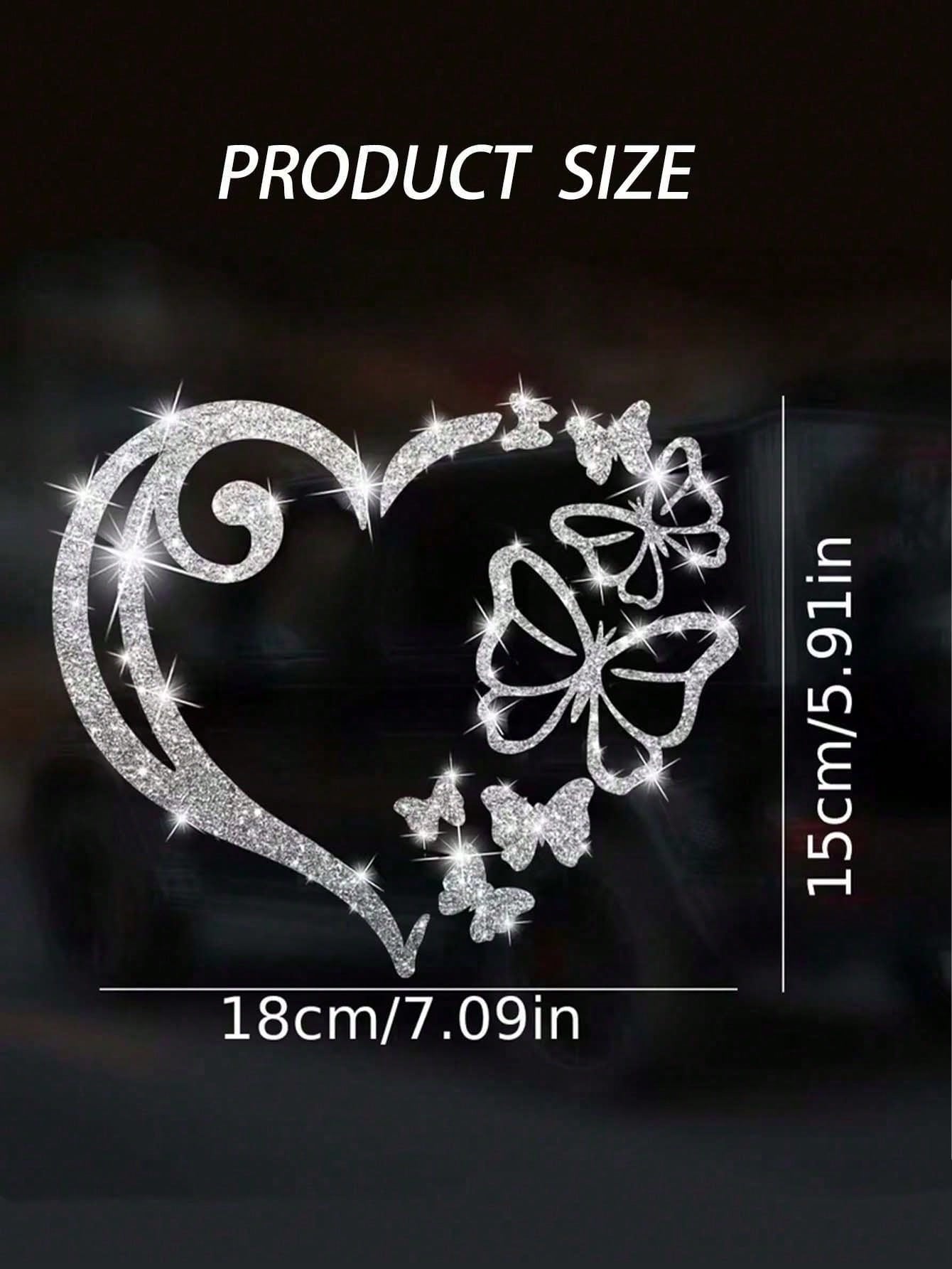 1pc Heart-Shaped Butterfly Car Sticker, Shiny Butterfly Heart-Shaped Window Glass Decoration Sticker, Rear And Body Decoration Sticker, Cartoon Sticker Suitable For Laptop, Motorcycle Sticker
