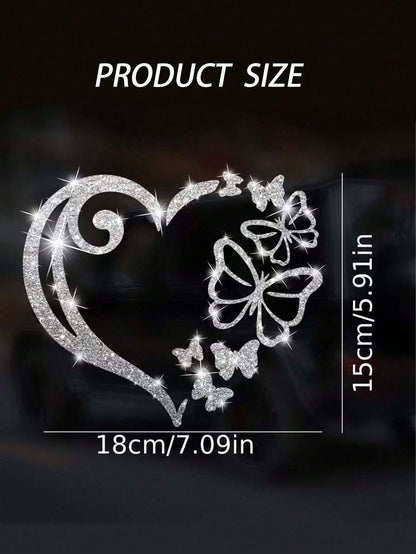 1pc Heart-Shaped Butterfly Car Sticker, Shiny Butterfly Heart-Shaped Window Glass Decoration Sticker, Rear And Body Decoration Sticker, Cartoon Sticker Suitable For Laptop, Motorcycle Sticker