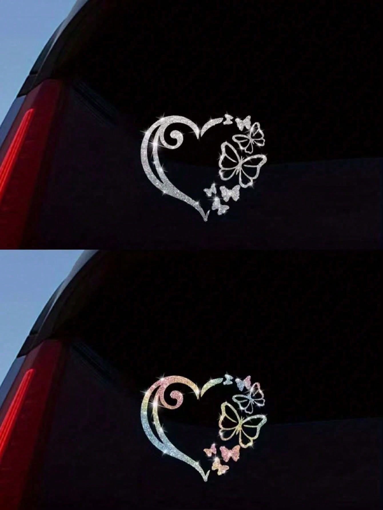 1pc Heart-Shaped Butterfly Car Sticker, Shiny Butterfly Heart-Shaped Window Glass Decoration Sticker, Rear And Body Decoration Sticker, Cartoon Sticker Suitable For Laptop, Motorcycle Sticker