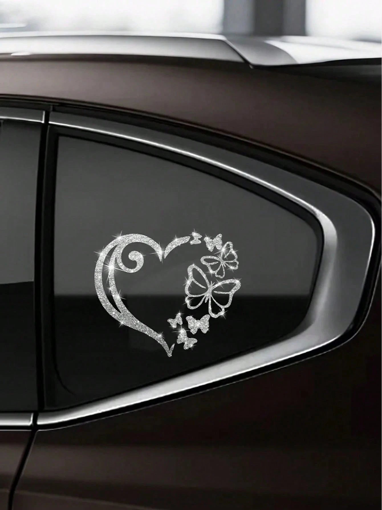 1pc Heart-Shaped Butterfly Car Sticker, Shiny Butterfly Heart-Shaped Window Glass Decoration Sticker, Rear And Body Decoration Sticker, Cartoon Sticker Suitable For Laptop, Motorcycle Sticker