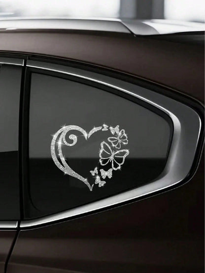 1pc Heart-Shaped Butterfly Car Sticker, Shiny Butterfly Heart-Shaped Window Glass Decoration Sticker, Rear And Body Decoration Sticker, Cartoon Sticker Suitable For Laptop, Motorcycle Sticker