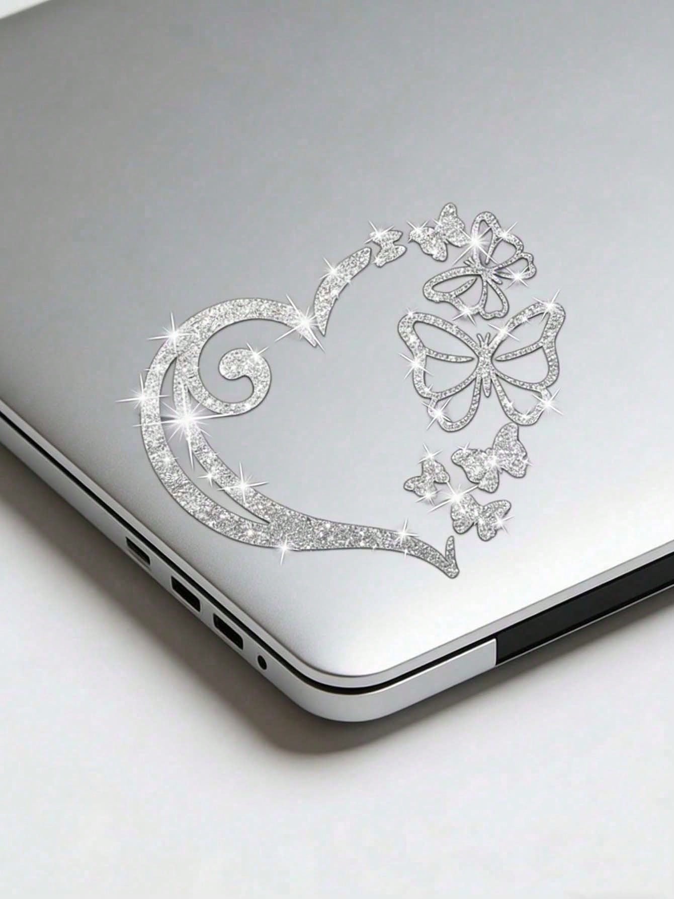 1pc Heart-Shaped Butterfly Car Sticker, Shiny Butterfly Heart-Shaped Window Glass Decoration Sticker, Rear And Body Decoration Sticker, Cartoon Sticker Suitable For Laptop, Motorcycle Sticker