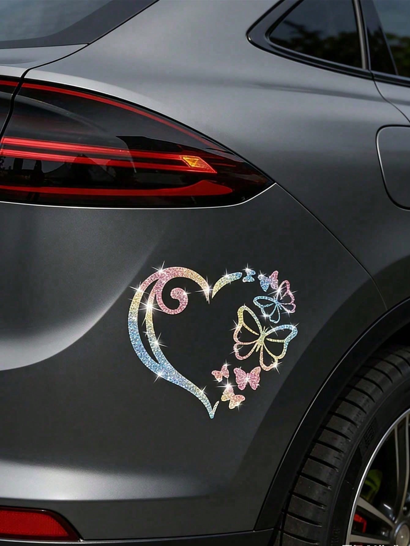 1pc Heart-Shaped Butterfly Car Sticker, Shiny Butterfly Heart-Shaped Window Glass Decoration Sticker, Rear And Body Decoration Sticker, Cartoon Sticker Suitable For Laptop, Motorcycle Sticker
