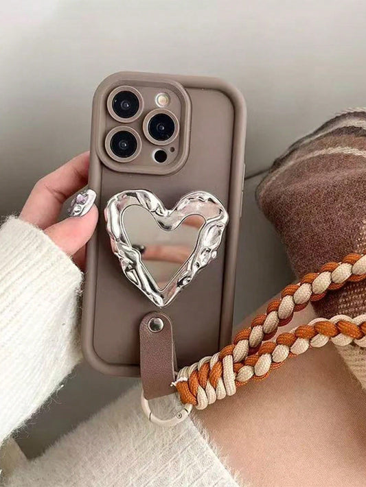 1pc Heart-Shaped Mirror Airbag Phone Stand, Electroplated Shiny Silver Creative Cool Niche High Aesthetic Ins Style, Portable Photo Editing Tool, Comfortable Desktop Stand, Telescopic Push-Pull Design